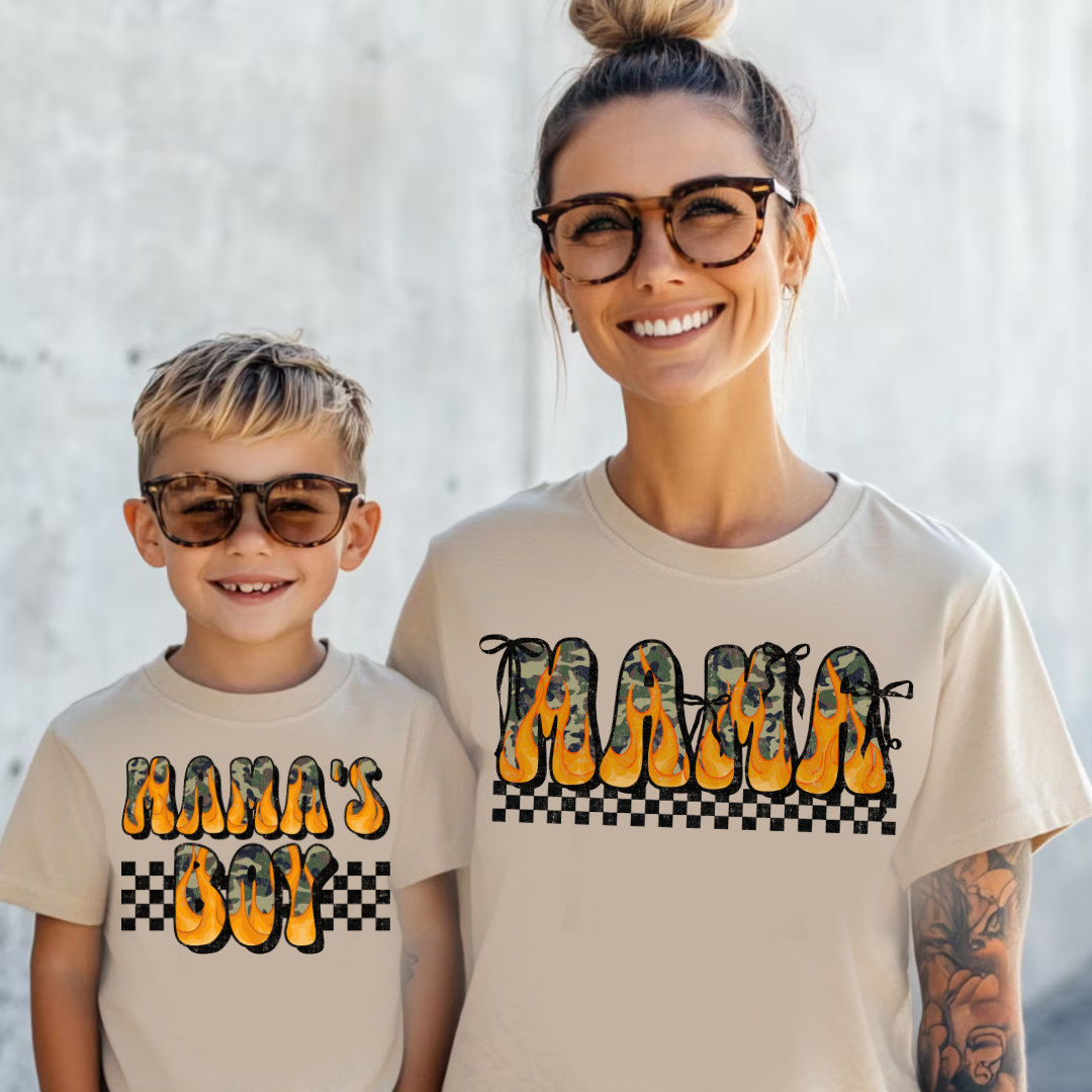 DTF Full Color TShirt Transfer - Mama/Mama's Boy Camo Flames