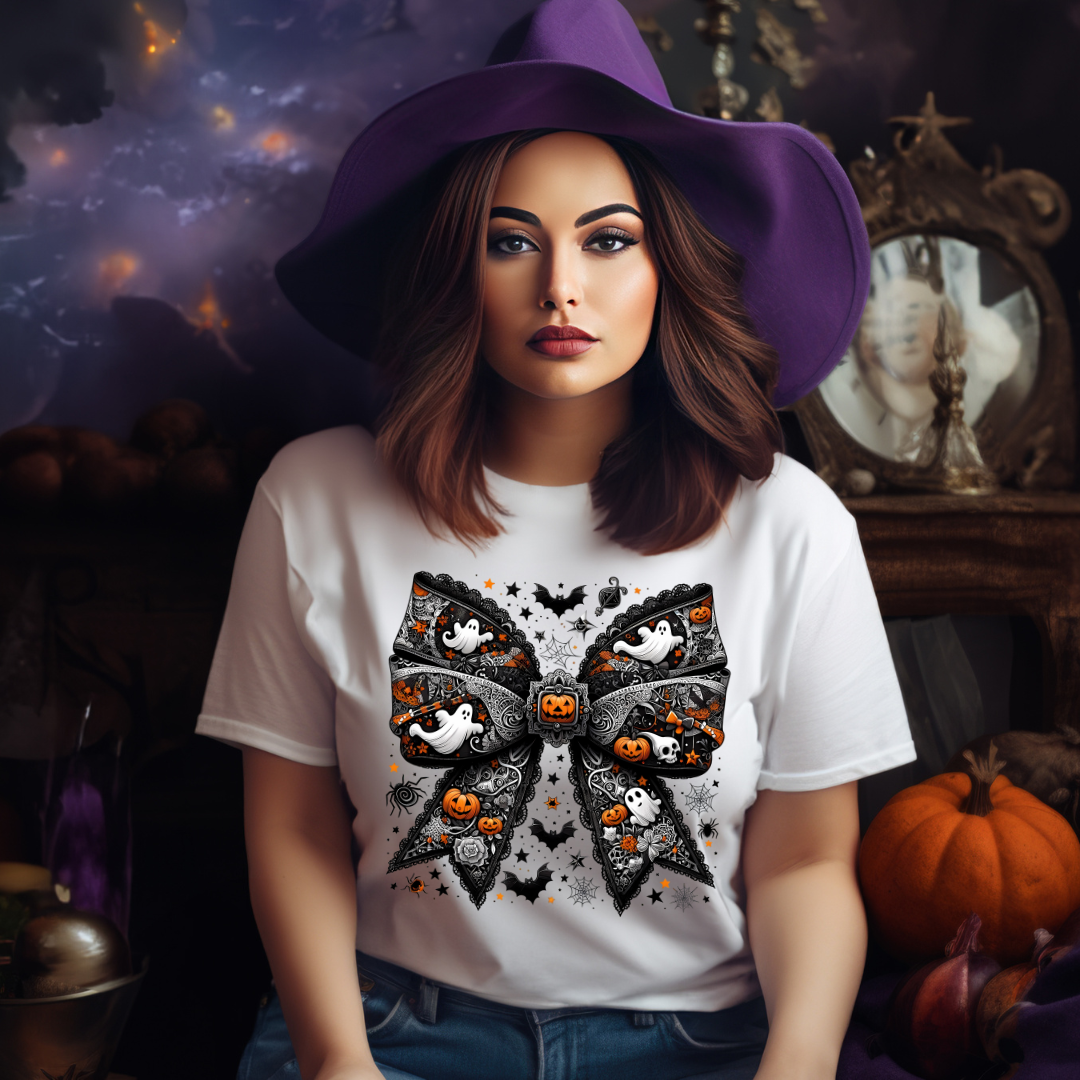 DTF Full Color Transfer - Black Lace Bow w/Ghosts & Pumpkins