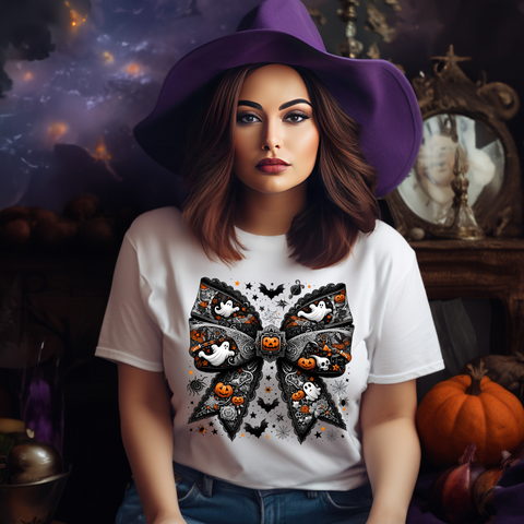 DTF Full Color Transfer - Black Lace Bow w/Ghosts & Pumpkins