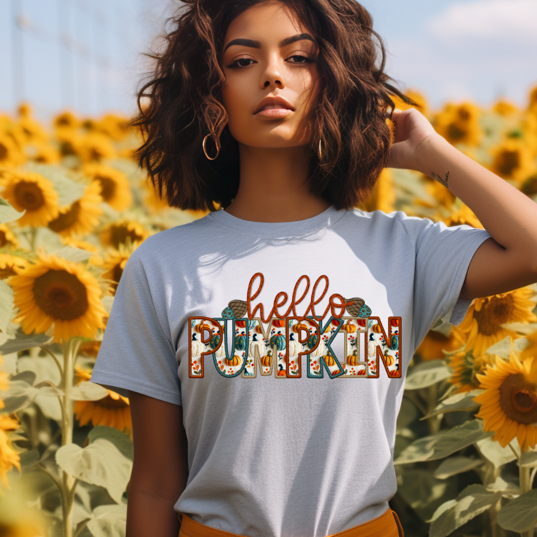 DTF Full Color Transfer - Hello Pumpkin Faux Embroidery