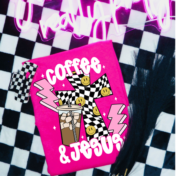 DTF Full Color TShirt Transfer - Coffee & Jesus Check Cross (Choose White or Black Ink!)