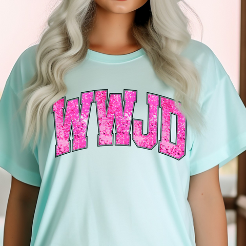 DTF Full Color TShirt Transfer - WWJD Pink Glitter