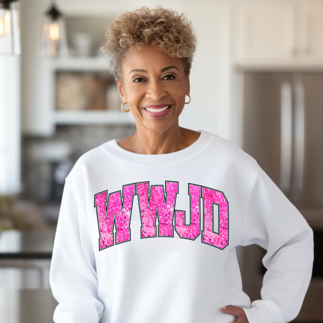 DTF Full Color Transfer - WWJD Faux Pink Sequins