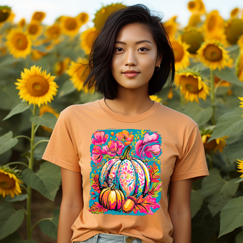 DTF Full Color Transfer - Boho Painted Pumpkin - Teal Background