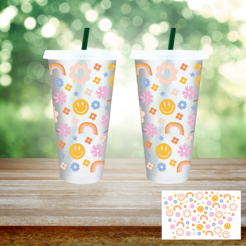 24oz UV DTF Wrap - Retro Smiley Rainbow