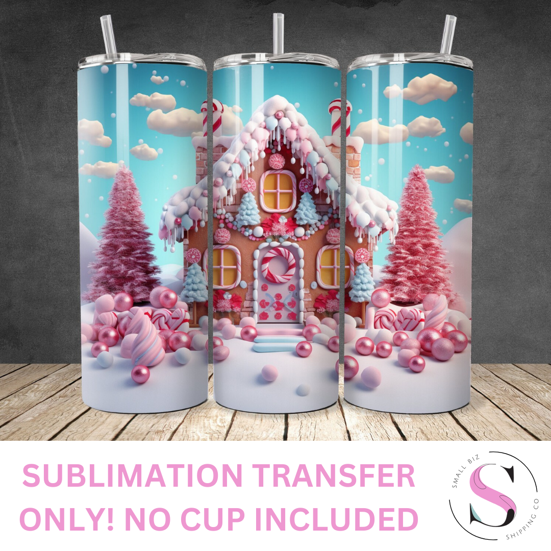 Pink Gingerbread House 3D - 1 Sublimation Wrap Only! 16oz Skinny Tumbler Sublimation Wrap