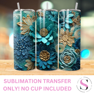 Turquoise Flowers 3D - 1 Sublimation Wrap Only! 16oz Skinny Tumbler Sublimation Wrap