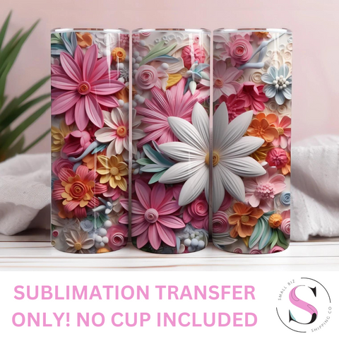 White & Pink Flowers 3D - 1 Sublimation Wrap Only! 16oz Skinny Tumbler Sublimation Wrap