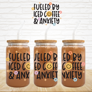 Fueled By Iced Coffee & Anxiety Smiley - UV DTF Decal