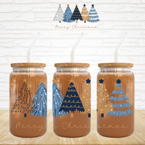 16oz UV DTF Wrap - Merry Christmas Blue Trees
