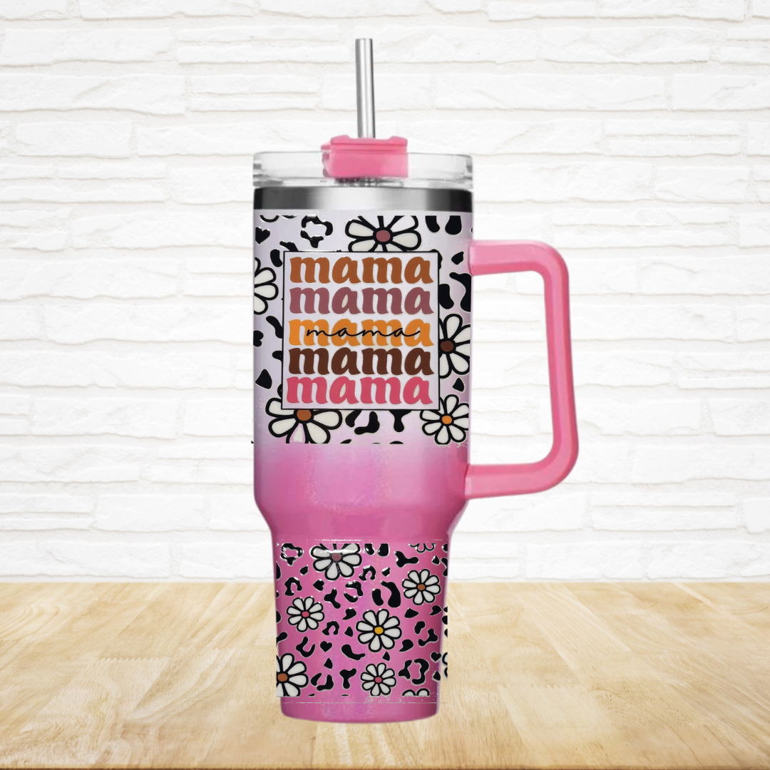 40oz UV DTF Full Top & Bottom Wrap - Mama Cheetah Daisies