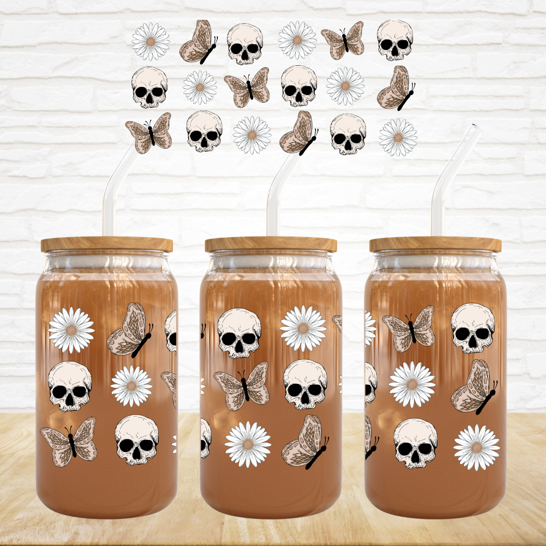 16oz UV DTF Wrap - Moth Daisy Skulls