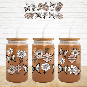 16oz UV DTF Wrap - Neutral Flowers & Butterflies