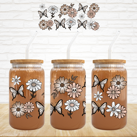 16oz UV DTF Wrap - Neutral Flowers & Butterflies