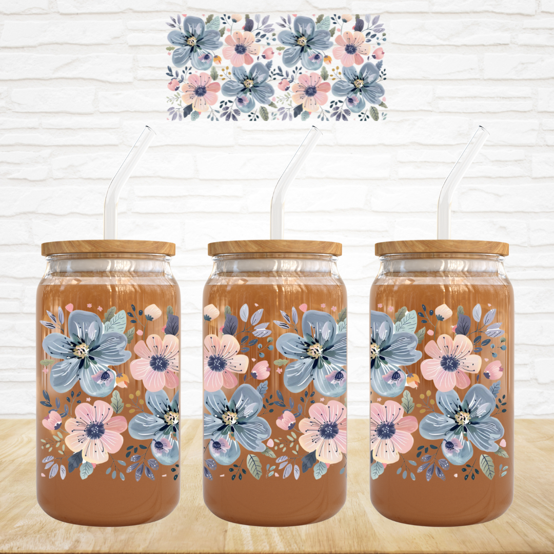 16oz UV DTF Wrap - Pink & Blue Flowers Sketch