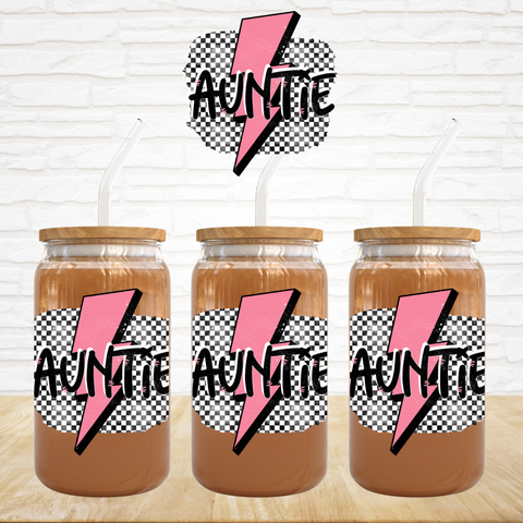 UV DTF Decal - Auntie Pink Lightning Check