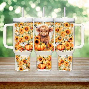 40oz UV DTF Full Top & Bottom Wrap - Pumpkin Highland Cow