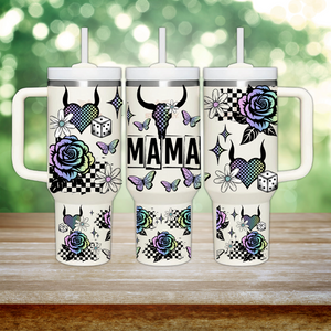 40oz UV DTF Full Top & Bottom Wrap - Purple Neon Steer Roses