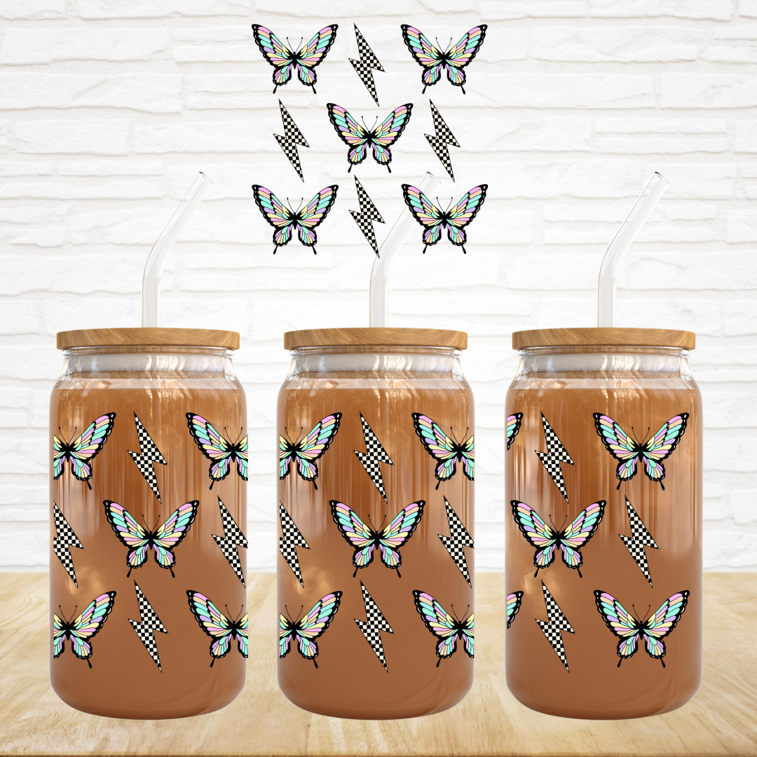 UV DTF Decal - Neon Butterflies & Check Lightning