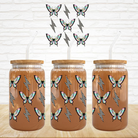 UV DTF Decal - Neon Butterflies & Check Lightning