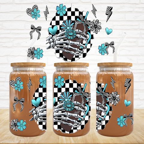 16oz UV DTF Wrap - Aqua Check Skeleton Hand