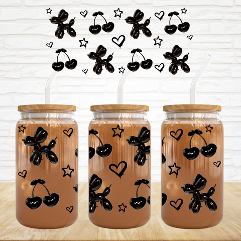 16oz UV DTF Wrap - Black Balloon Dogs & Cherries *SBSC ORIGINAL DESIGN*