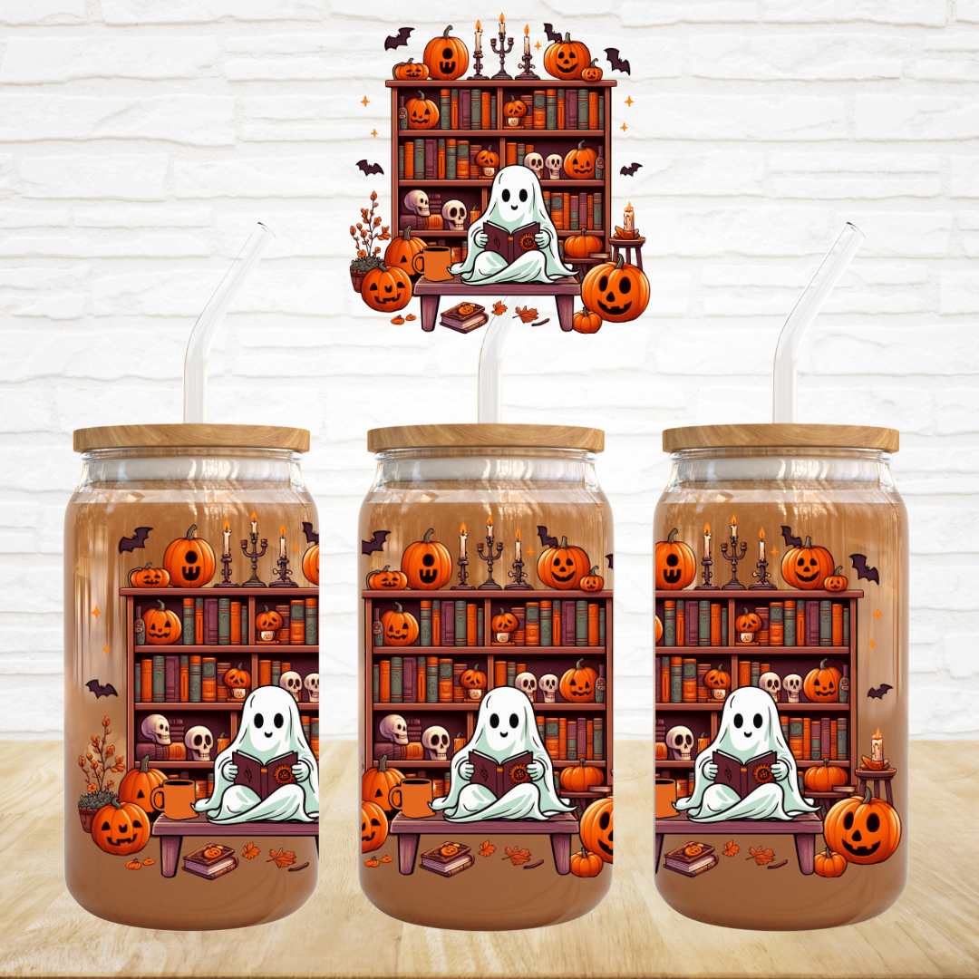 UV DTF Decal - Fall Ghost Reading Library