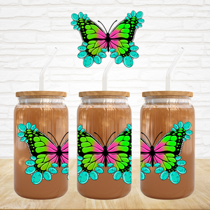 UV DTF Decal - Neon Green Pink Butterfly w/Turquoise