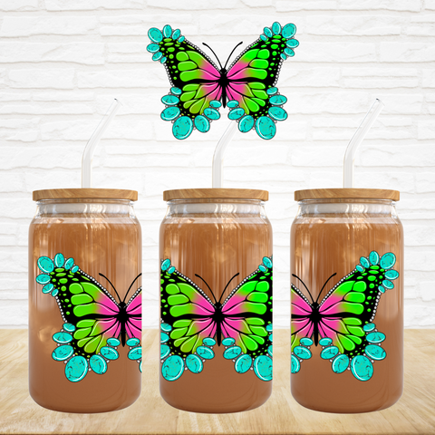 UV DTF Decal - Neon Green Pink Butterfly w/Turquoise