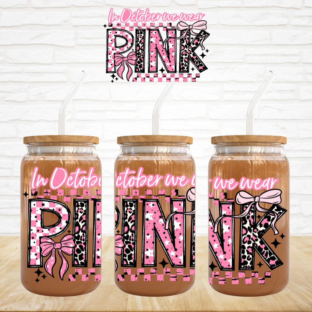 UV DTF Decal - In October We Wear Pink Leopard Check