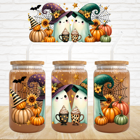 16oz UV DTF Wrap - Cute Witch Ghosts (Green Purple Hats)