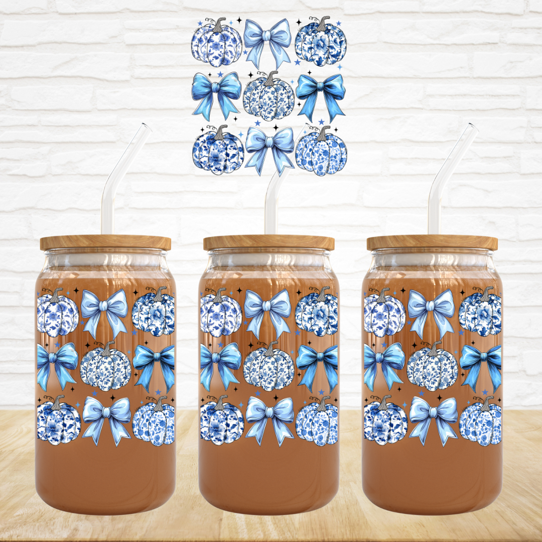UV DTF Decal - Blue Floral Pumpkins