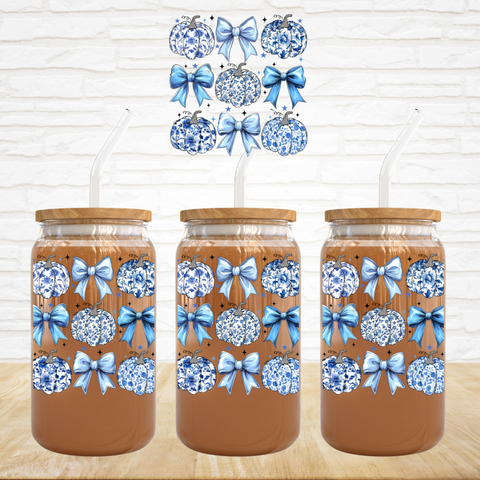 UV DTF Decal - Blue Floral Pumpkins