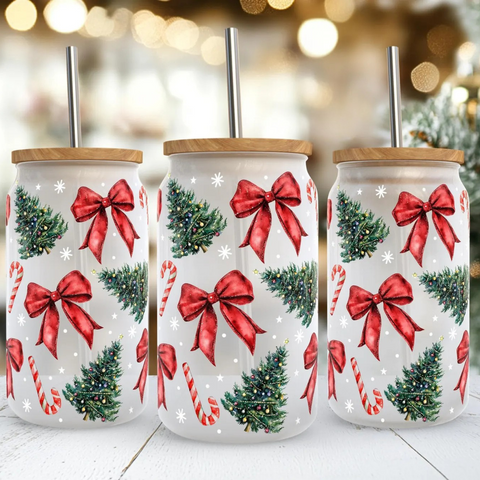 16oz UV DTF Wrap - Red Bows & Trees