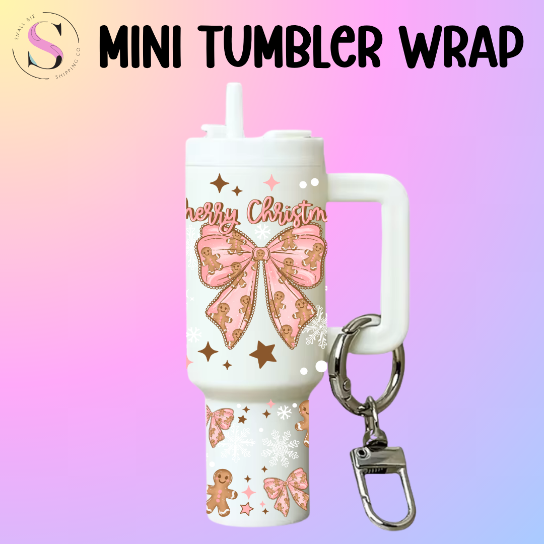 Mini Tumbler Top & Bottom Decal - Merry Christmas Pink Gingerbread Bow