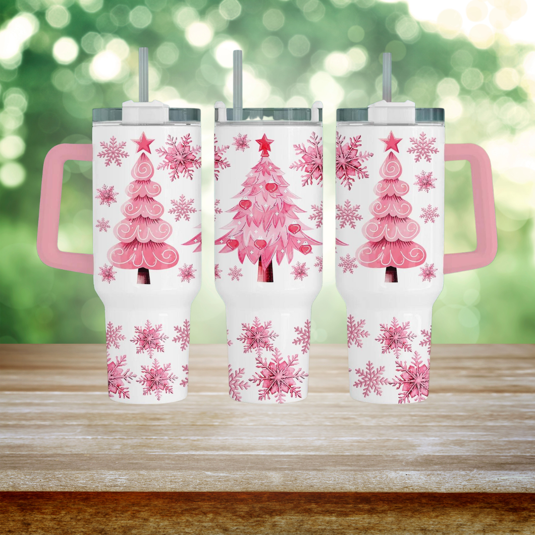 40oz UV DTF Full Top & Bottom Wrap - Pink Trees & Snowflakees