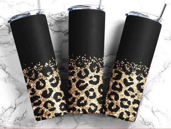 Matte Black and Gold Glitter Leopard - 1 Sublimation Wrap Only! 16oz Skinny Tumbler Sublimation Wrap