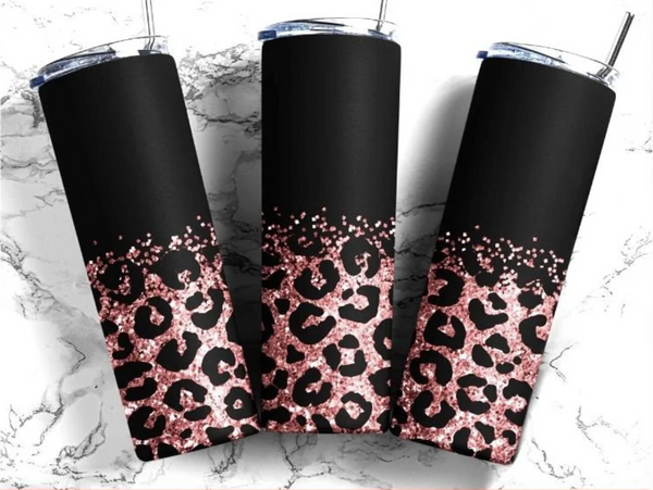 Matte Black and Light Pink/Rose Gold Glitter Leopard - 1 Sublimation Wrap Only! 16oz Skinny Tumbler Sublimation Wrap