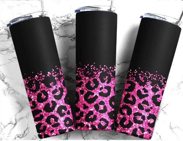 Matte Black and Hot Pink Glitter Leopard - 1 Sublimation Wrap Only! 20oz Skinny Tumbler Sublimation Wrap