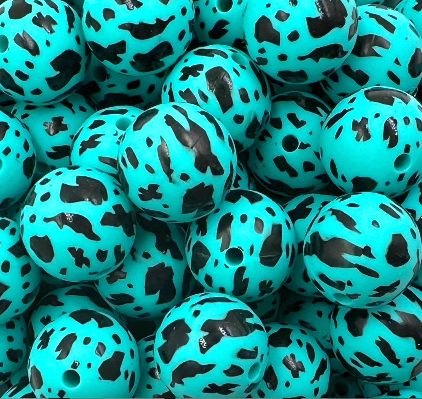 15mm Printed Silicone Bead - Teal Cow Print