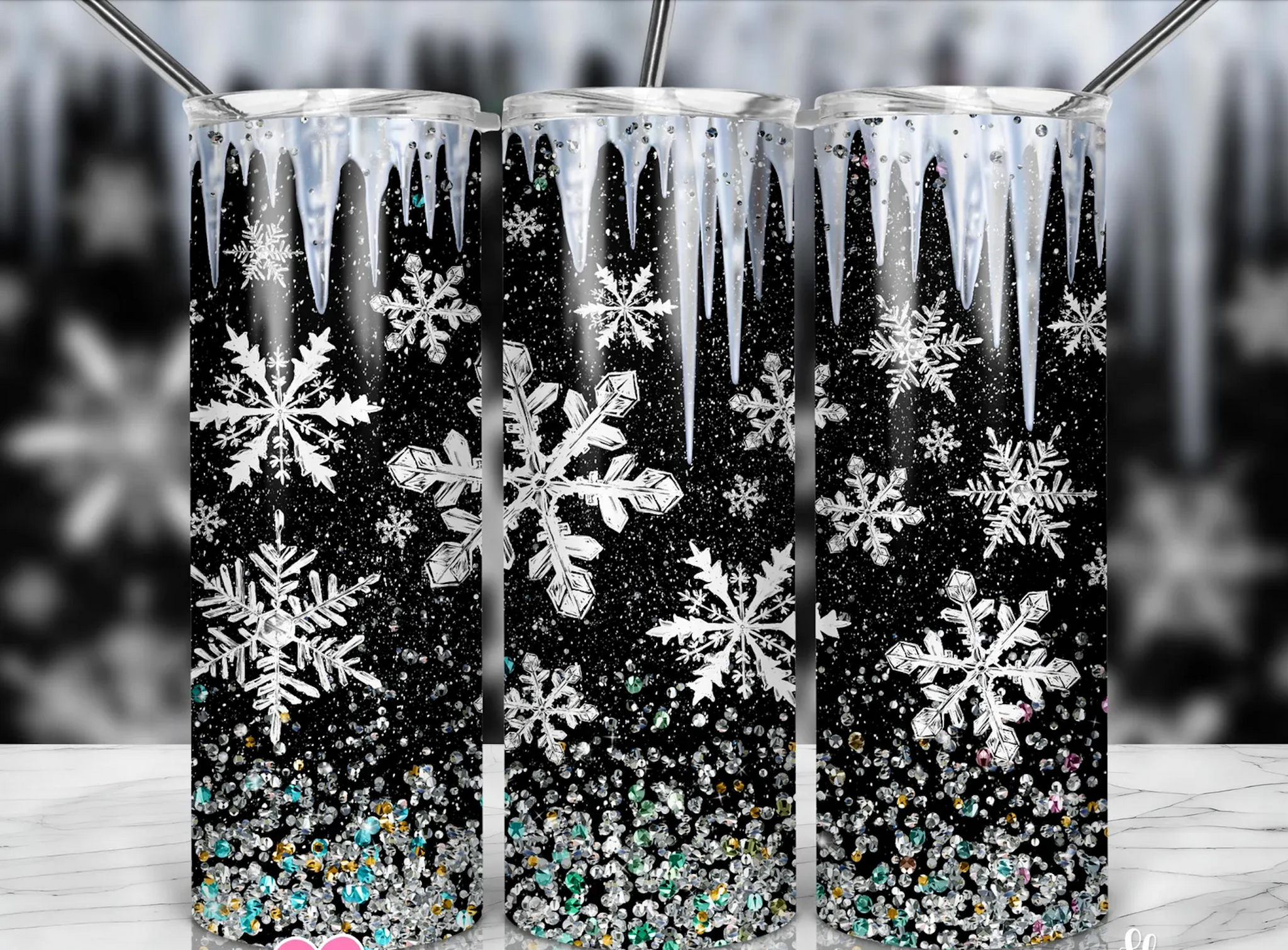 Black Crystal Snow - 1 16oz Skinny Tumbler Sublimation Wrap