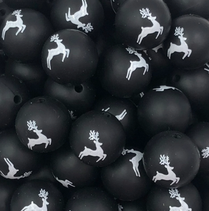 15mm Printed Silicone Bead - Black Reindeer