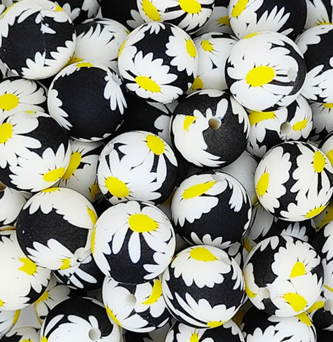 15mm Printed Silicone Bead - White Daisy on Black