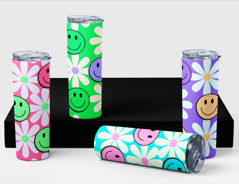 Skinny Tumbler Sublimation Wrap - Neon Smiley Daisies