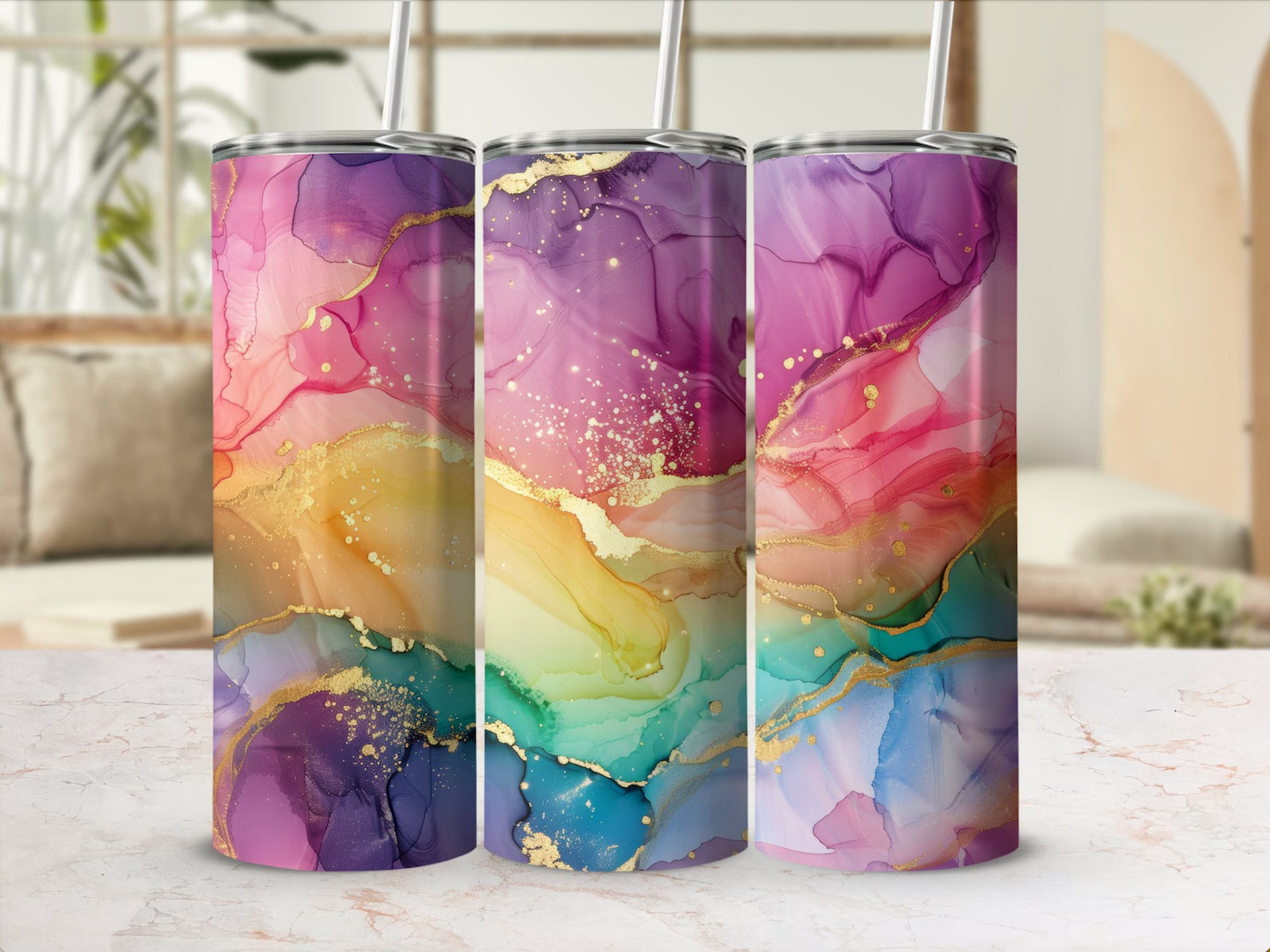 Skinny Tumbler Sublimation Wrap - Rainbow Paint Swirl