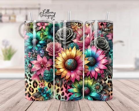 Skinny Tumbler Sublimation Wrap - Neon Sunflower Leopard Print