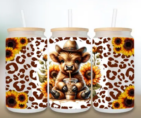 16oz UV DTF Wrap - Sunflower Highland Cow Coffee
