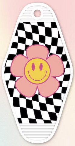 UV DTF Motel Keychain Decal - Check Smiley Daisy