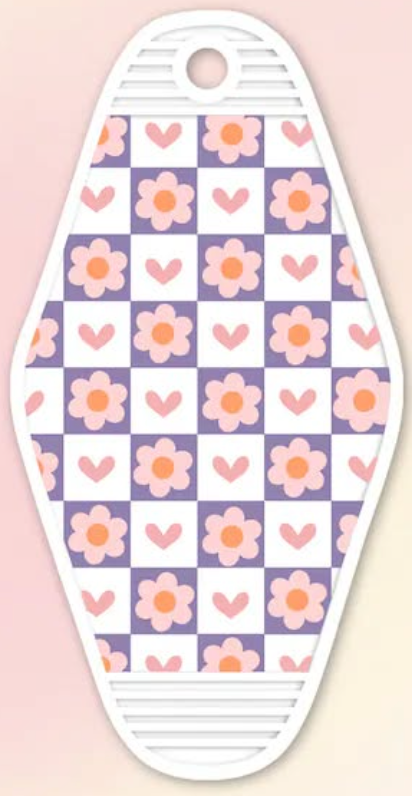 UV DTF Motel Keychain Decal - Purple Check Hearts & Daisies
