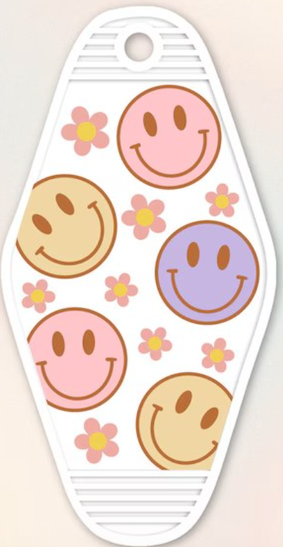 UV DTF Motel Keychain Decal - Retro Smilies Flowers